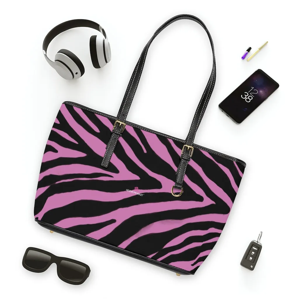 Light Pink Zebra Tote Bag, Animal Print PU Leather Shoulder Hand Work Bag 17"x11"/ 16"x10" For Ladies