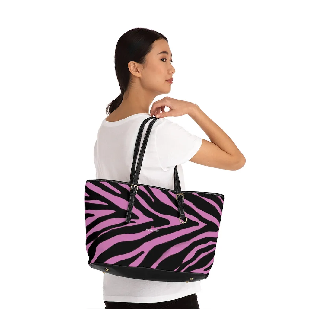 Light Pink Zebra Tote Bag, Animal Print PU Leather Shoulder Hand Work Bag 17"x11"/ 16"x10" For Ladies