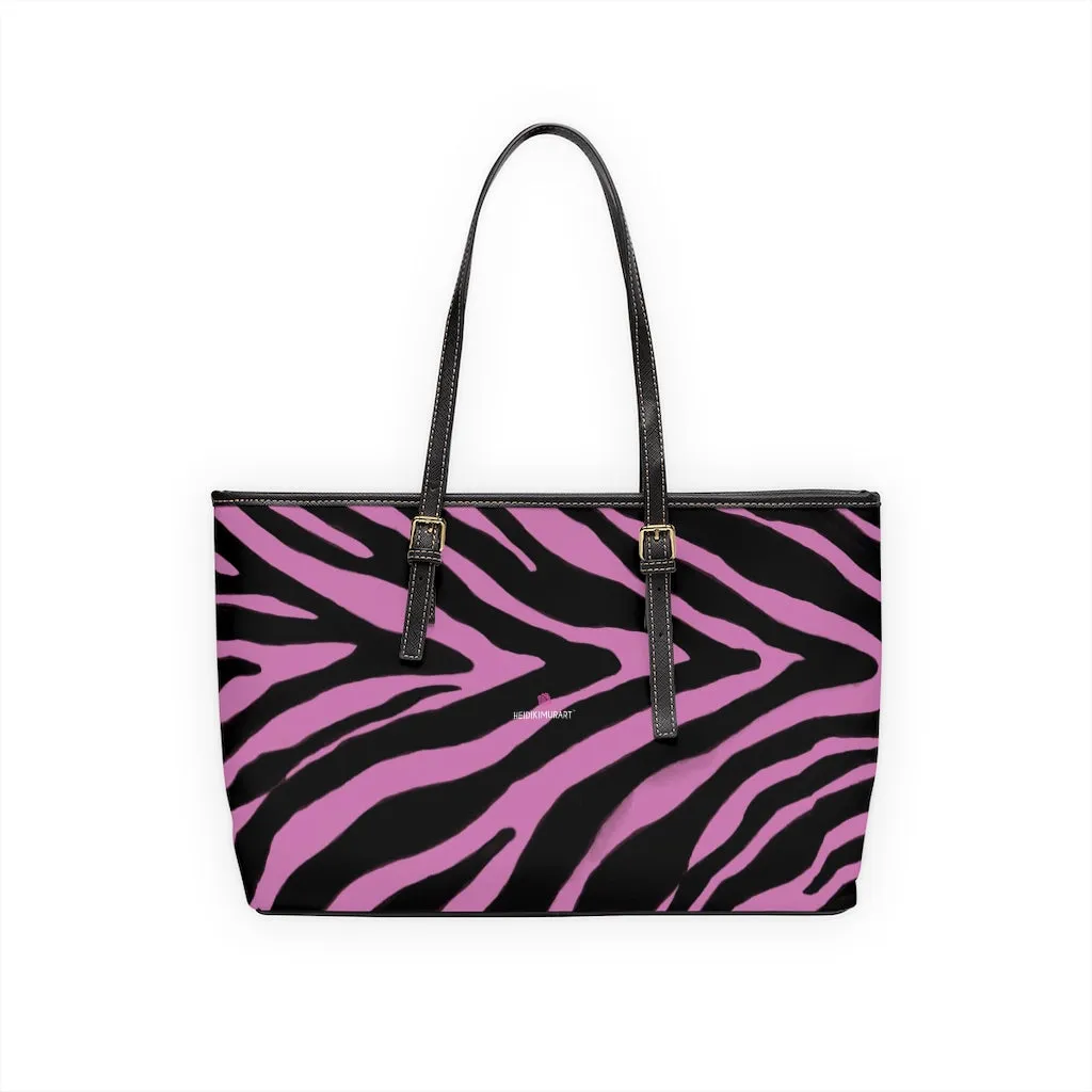 Light Pink Zebra Tote Bag, Animal Print PU Leather Shoulder Hand Work Bag 17"x11"/ 16"x10" For Ladies