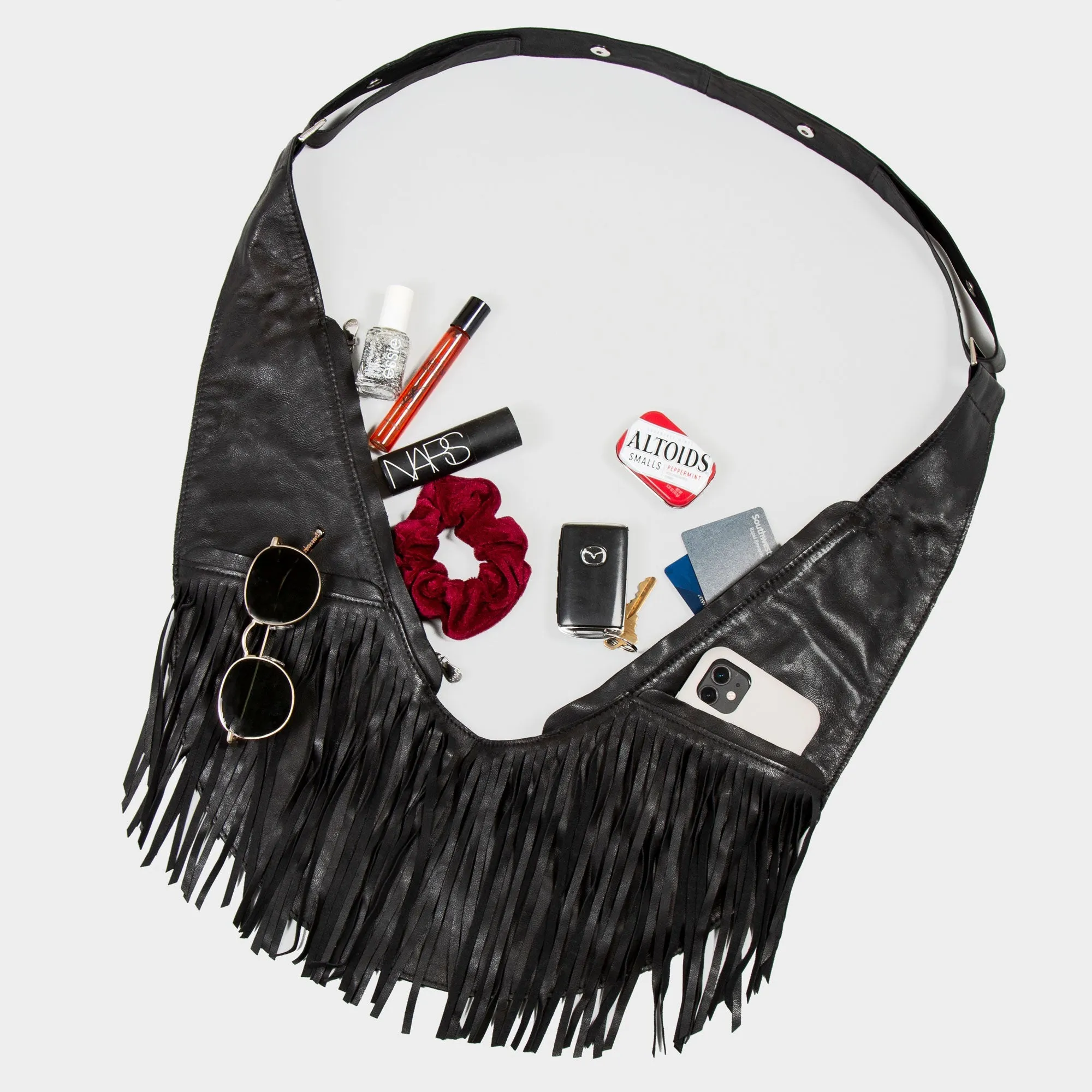 (LIVE) Black Fringe Leather Sash Bag