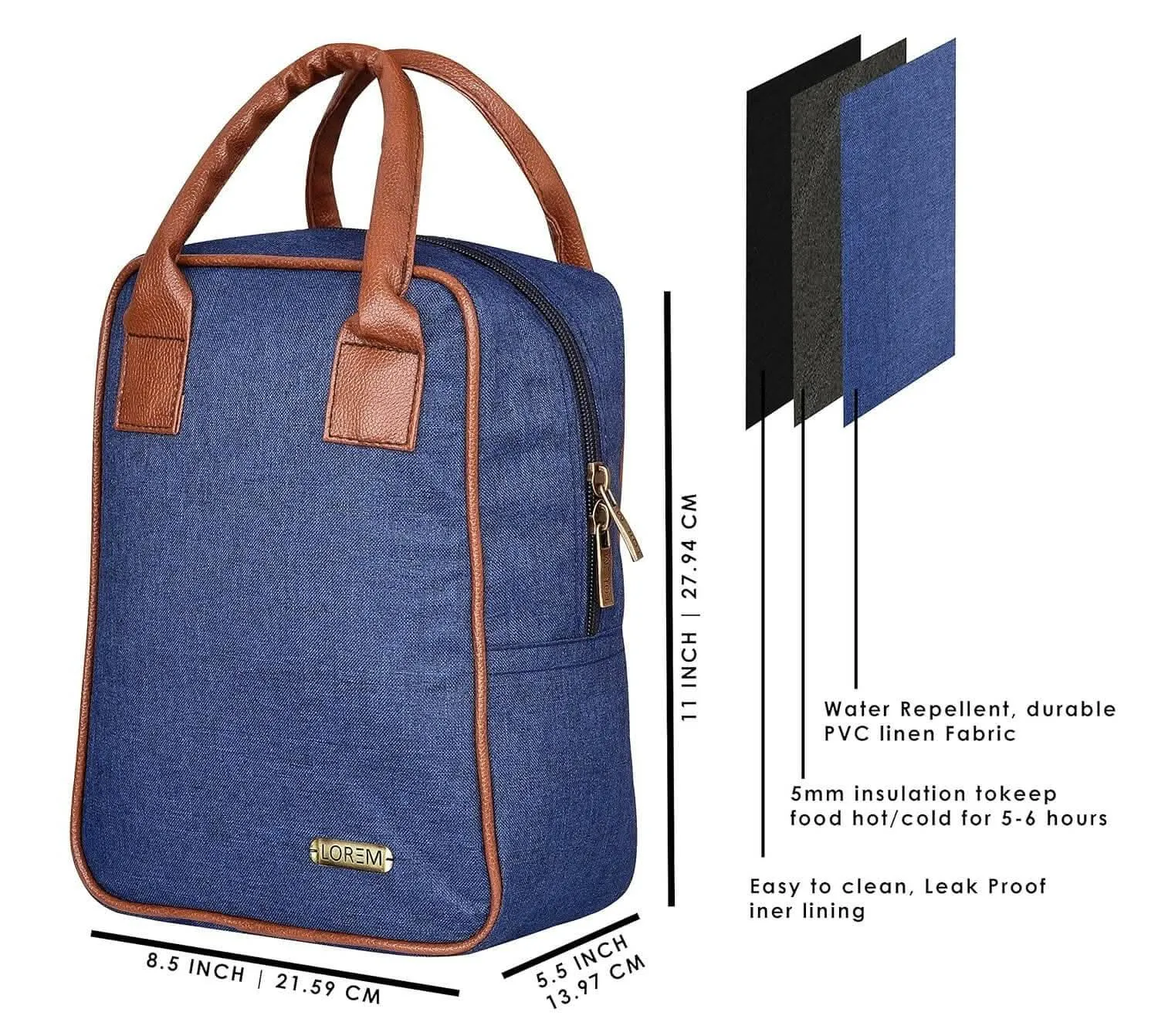 Lorem Blue Linen Textured Insulated Tiffin Bag/Lunch Bag for Men & Women - TB01