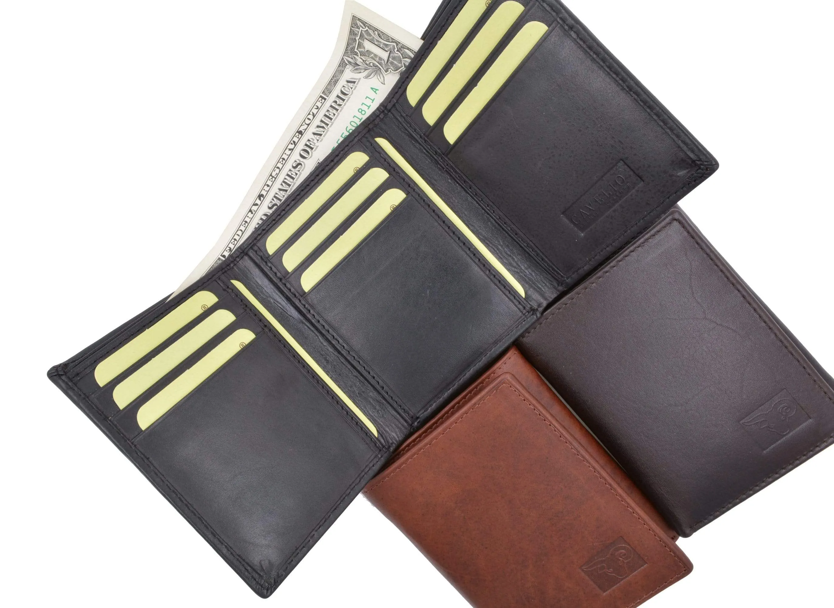 Mens High Quality Genuine Leather Card Holder Trifold Wallet with Outside ID Window by Cavelio 730055 (C)