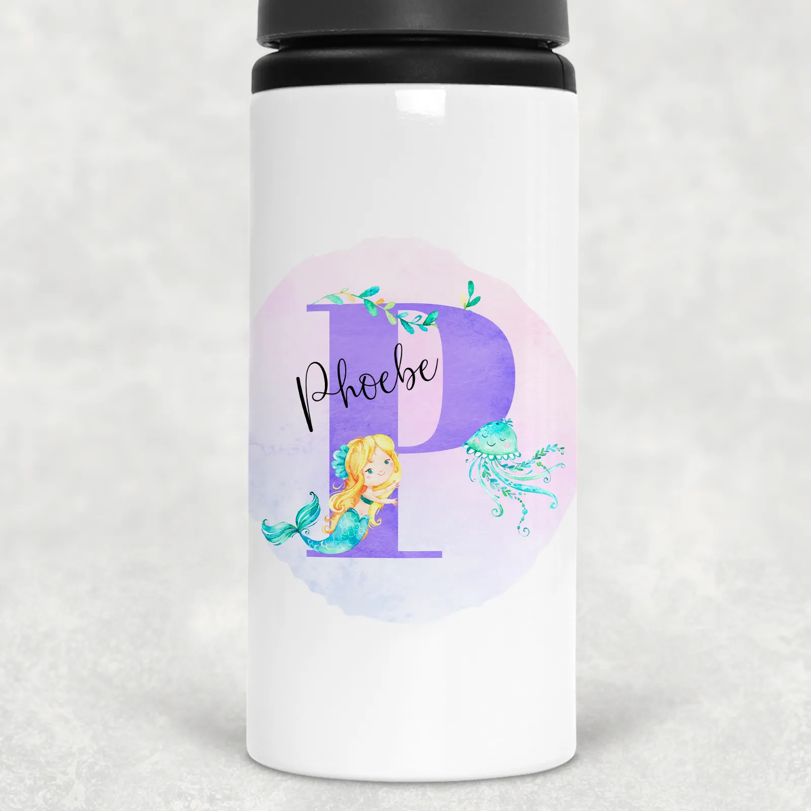 Mermaid Alphabet Personalised Aluminium Straw Water Bottle 650ml