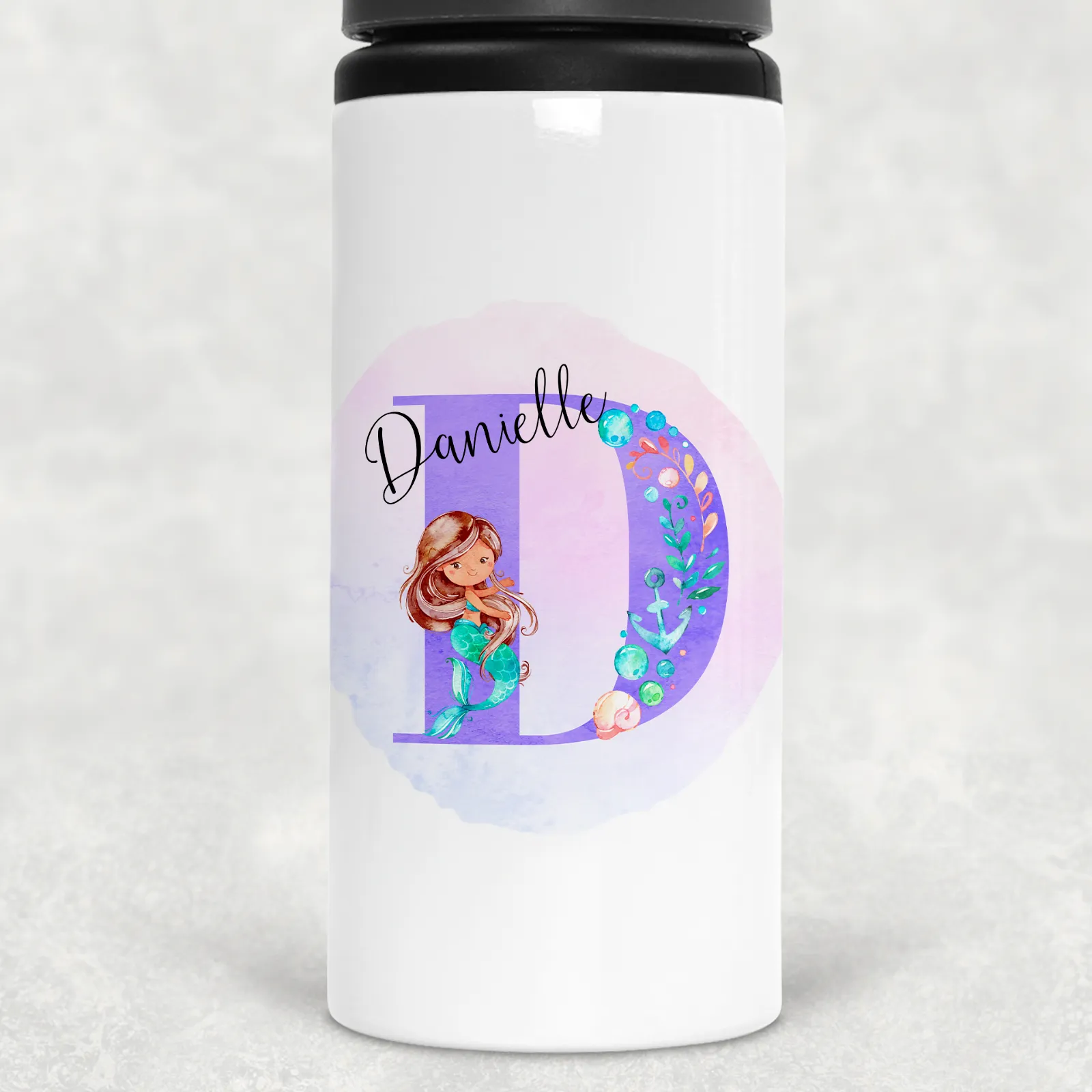 Mermaid Alphabet Personalised Aluminium Straw Water Bottle 650ml