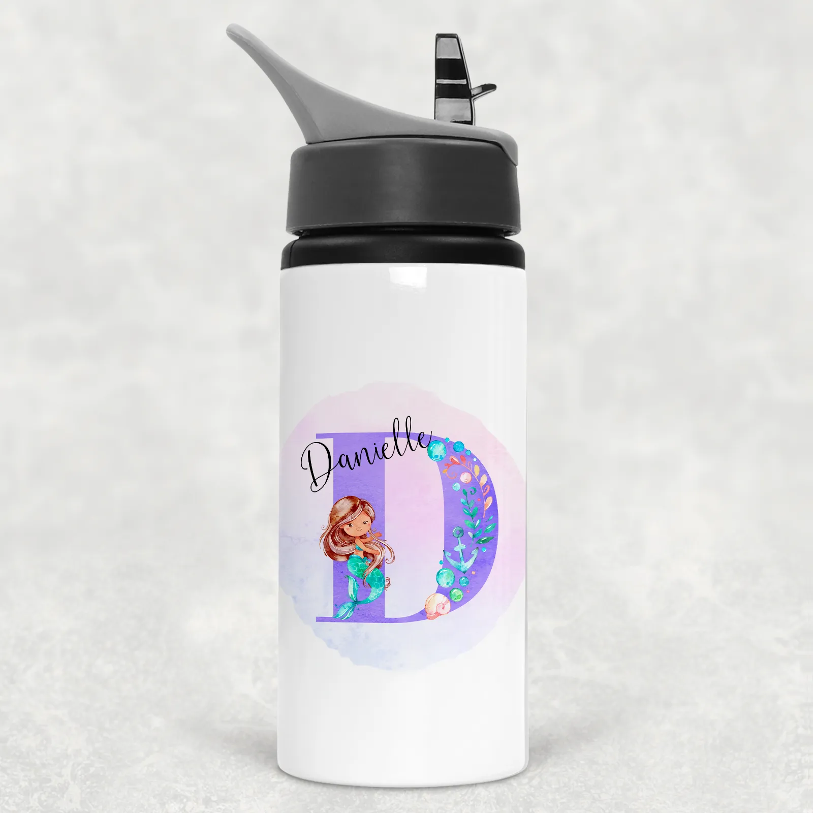 Mermaid Alphabet Personalised Aluminium Straw Water Bottle 650ml