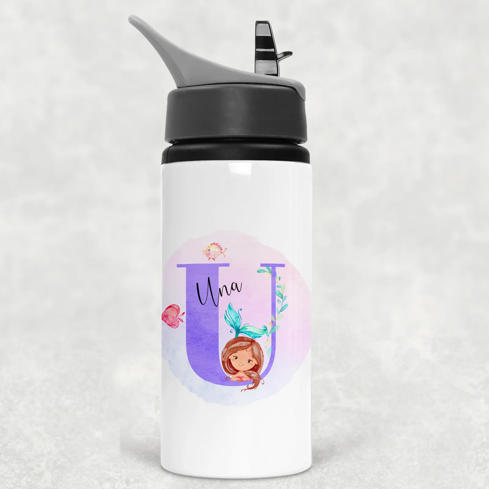 Mermaid Alphabet Personalised Aluminium Straw Water Bottle 650ml