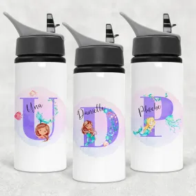 Mermaid Alphabet Personalised Aluminium Straw Water Bottle 650ml