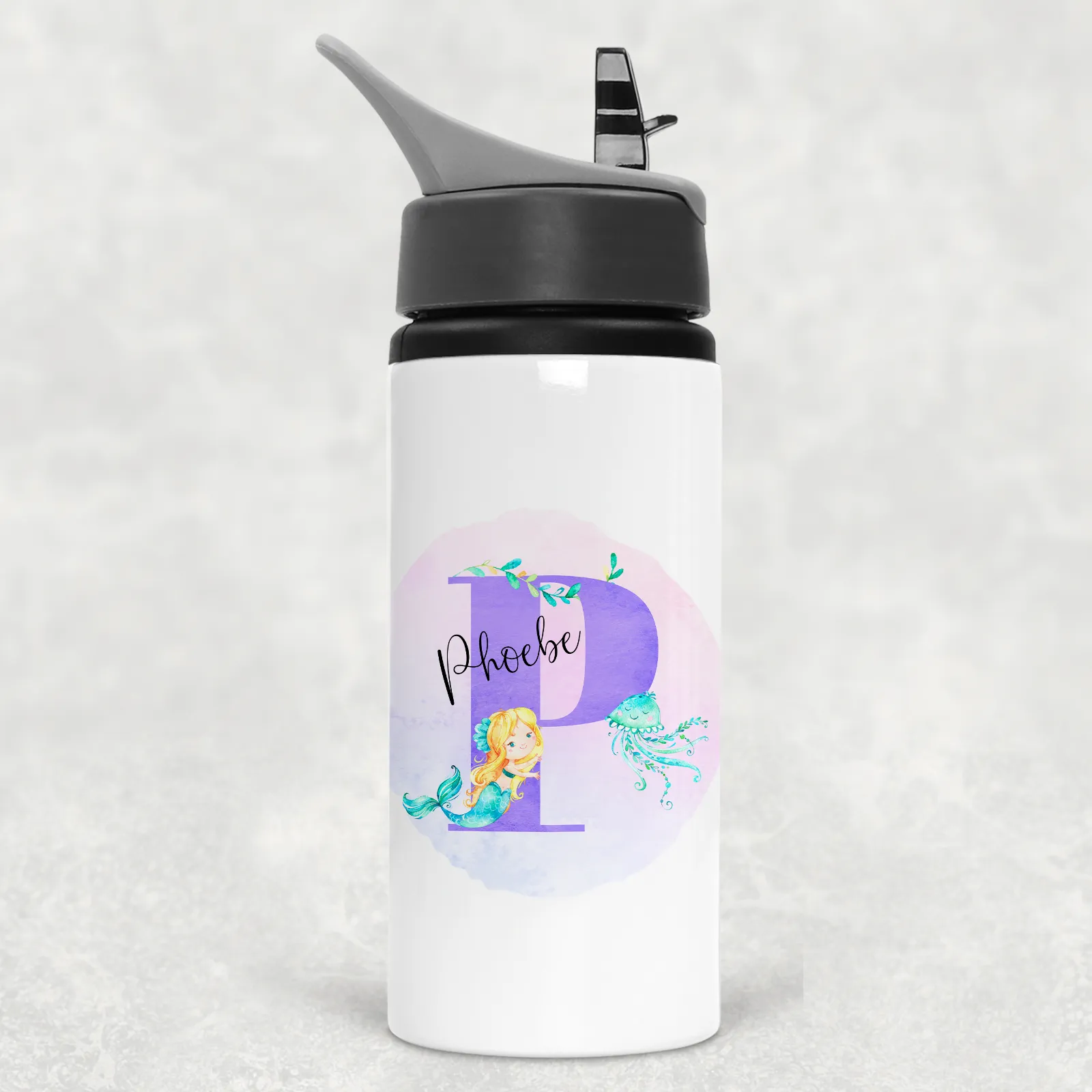 Mermaid Alphabet Personalised Aluminium Straw Water Bottle 650ml