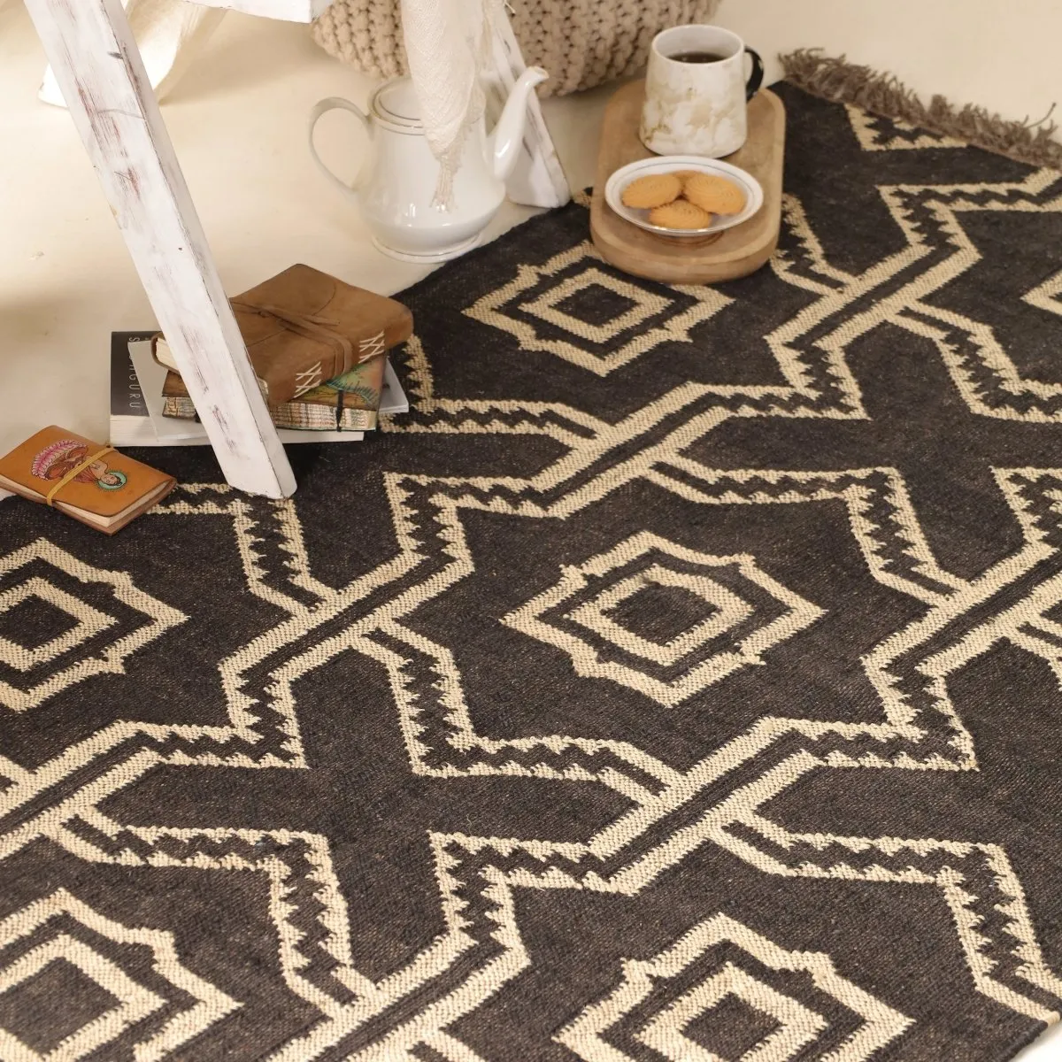 Monochrome Sustainable Rug In 3 x 5 ft | Geometric pattern | Handcrafted In India