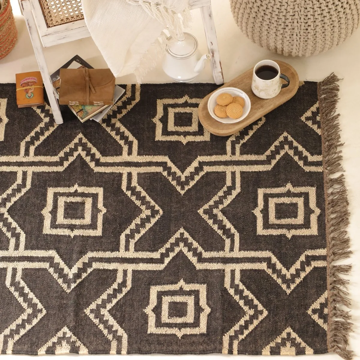 Monochrome Sustainable Rug In 3 x 5 ft | Geometric pattern | Handcrafted In India