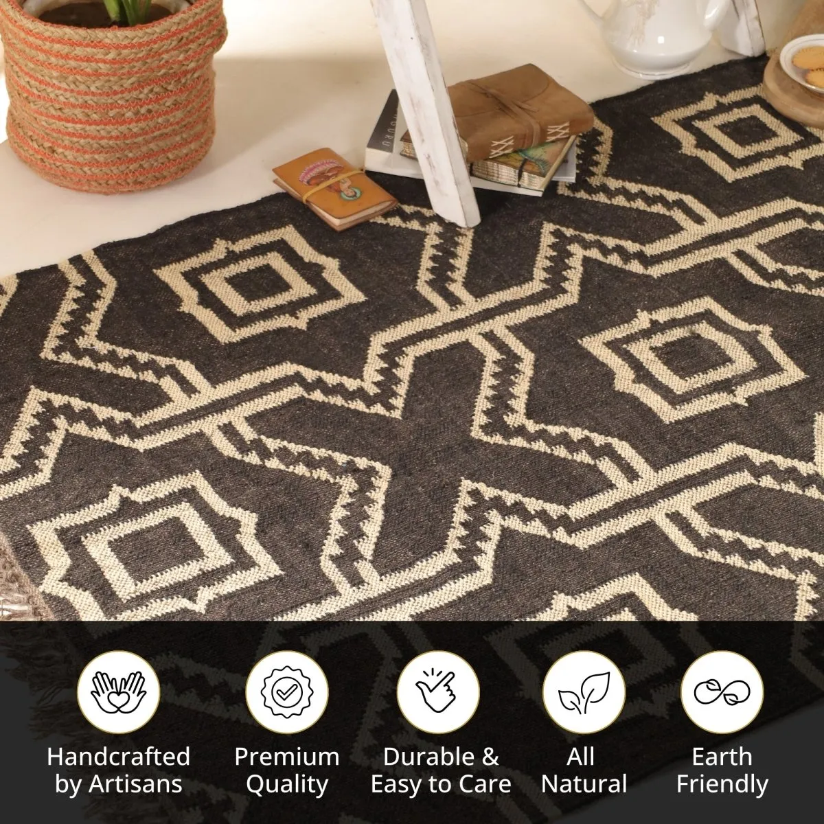 Monochrome Sustainable Rug In 3 x 5 ft | Geometric pattern | Handcrafted In India