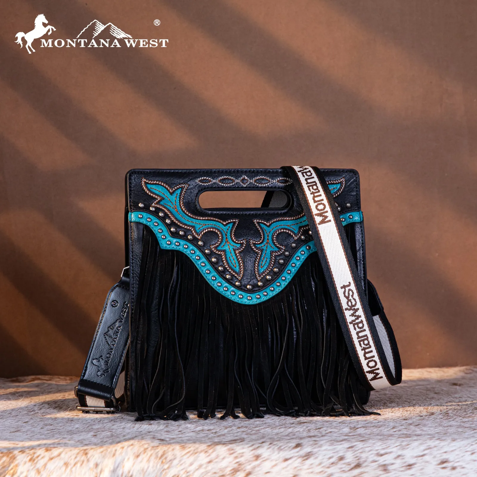 MW1281G-9360  Montana West Fringe Embroidered Concealed Carry Tote/Crossbody - Black