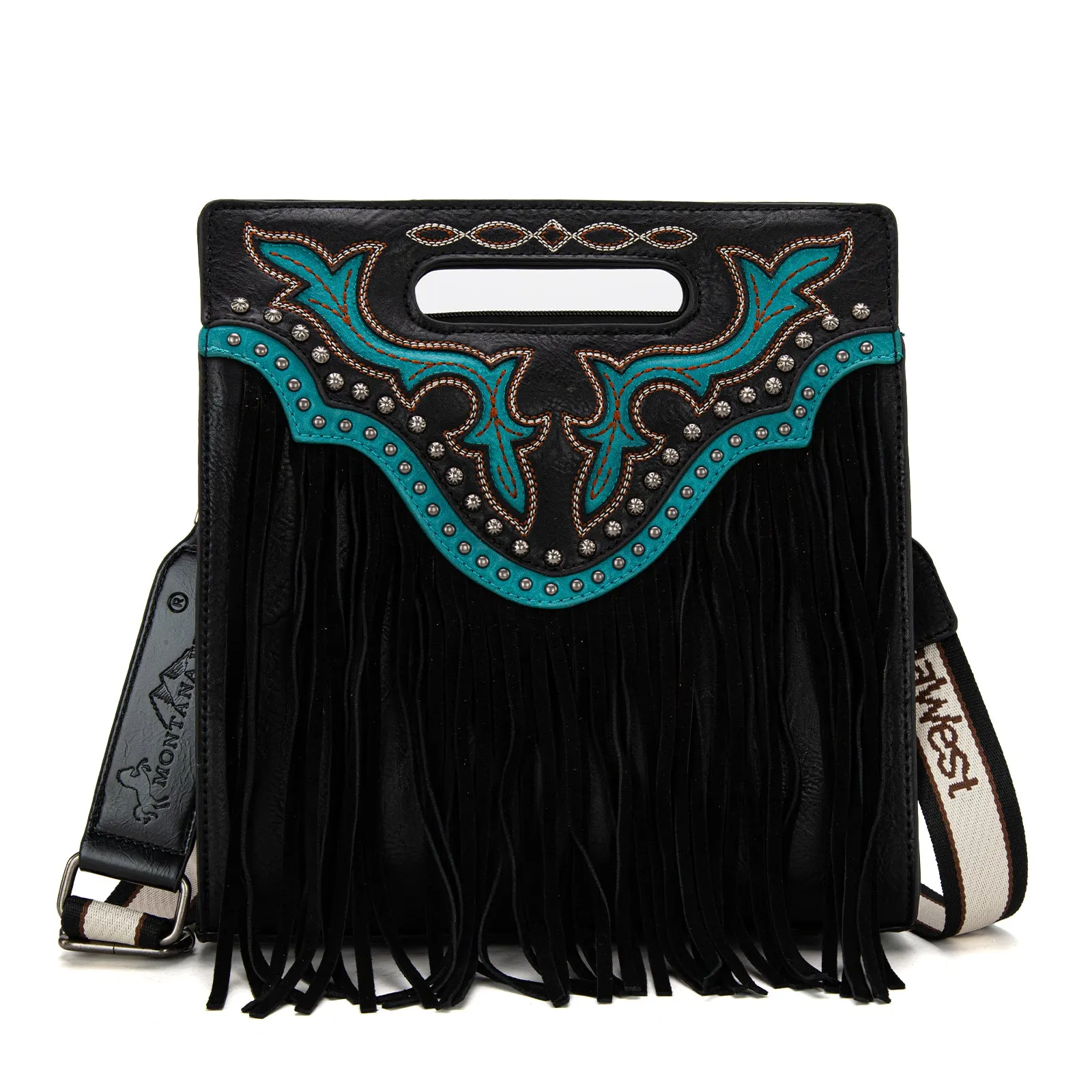 MW1281G-9360  Montana West Fringe Embroidered Concealed Carry Tote/Crossbody - Black