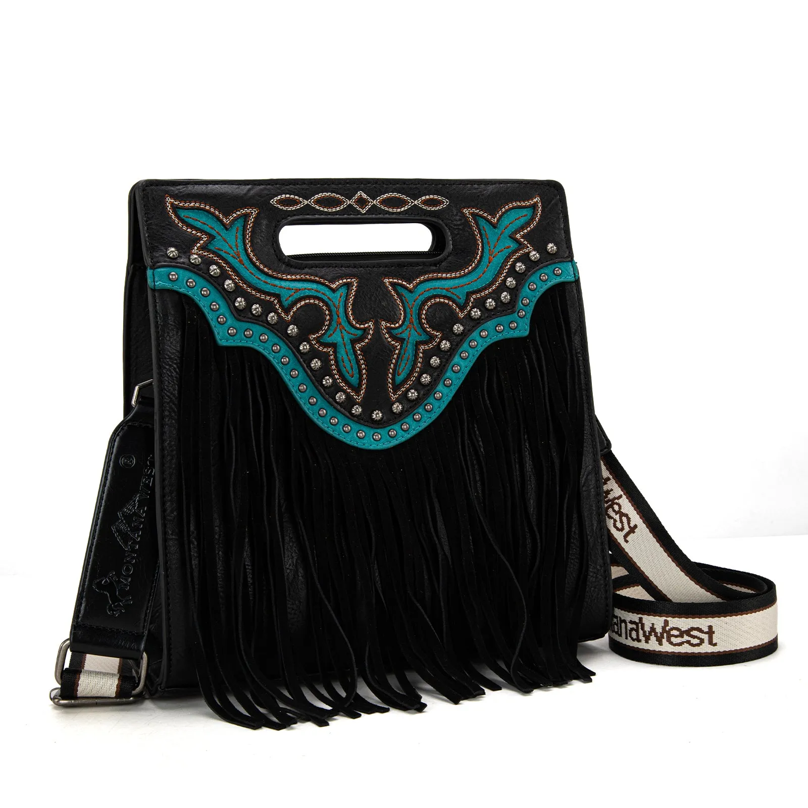 MW1281G-9360  Montana West Fringe Embroidered Concealed Carry Tote/Crossbody - Black