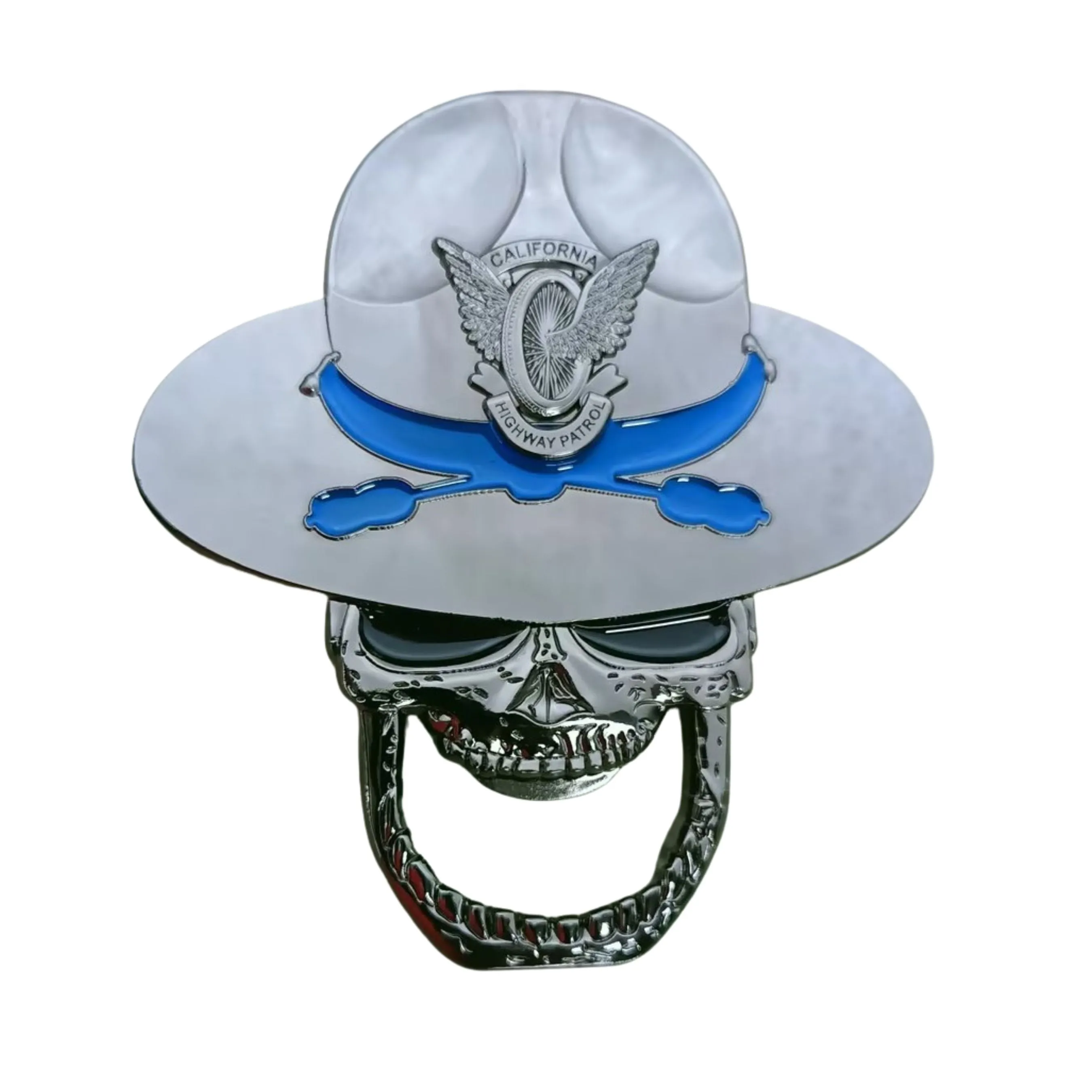 NEW for 2024 <br> Calif Hwy Patrol <br> Skull Bottle Opener <br> Black Nickel