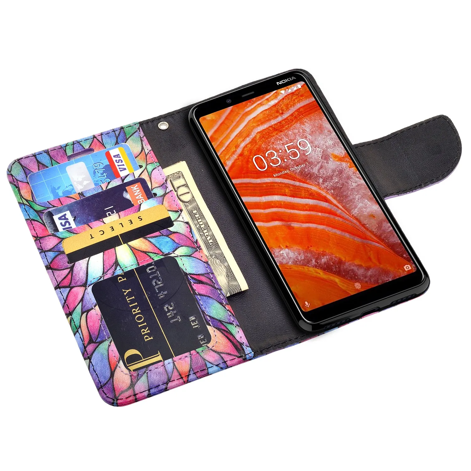 Nokia 3.1 Plus Case, Nokia 3.1 Plus Wallet Case, Wrist Strap Pu Leather Wallet Case [Kickstand] with ID & Credit Card Slots - Rainbow Flower