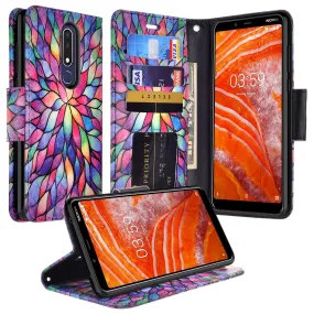 Nokia 3.1 Plus Case, Nokia 3.1 Plus Wallet Case, Wrist Strap Pu Leather Wallet Case [Kickstand] with ID & Credit Card Slots - Rainbow Flower