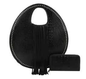 Ostrich Embossed Fringe Round Satchel Bag