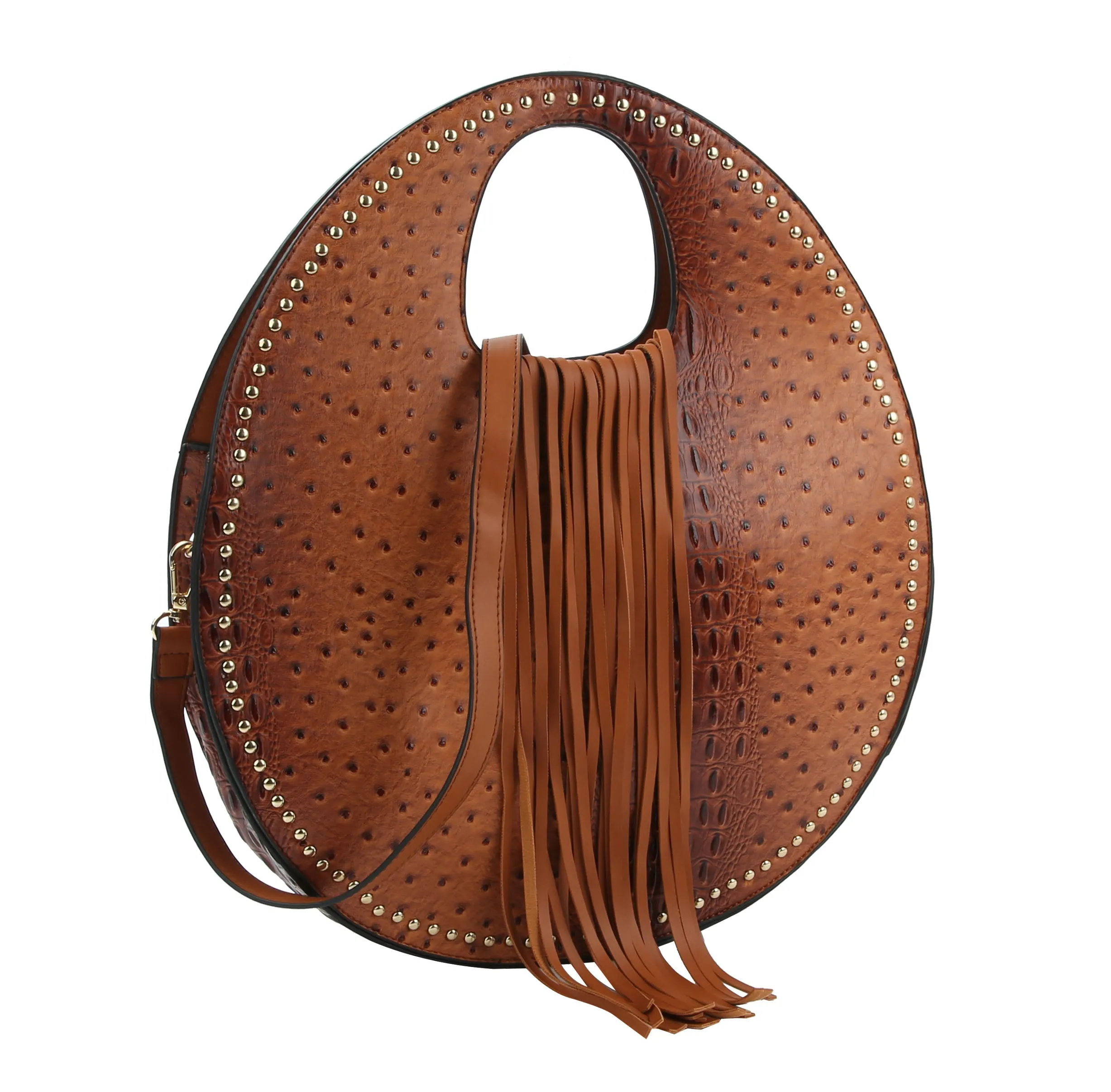 Ostrich Embossed Fringe Round Satchel Bag