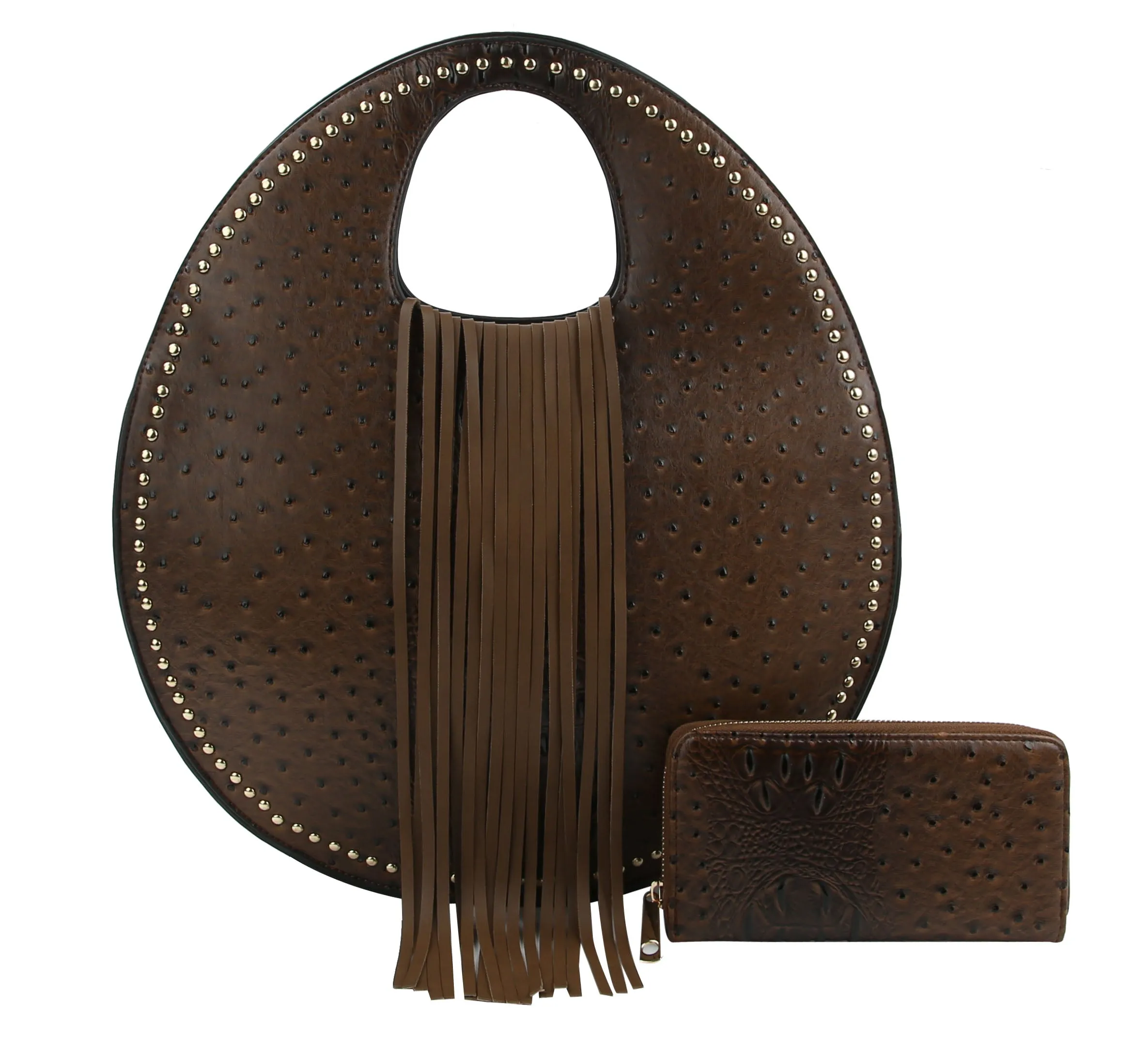 Ostrich Embossed Fringe Round Satchel Bag