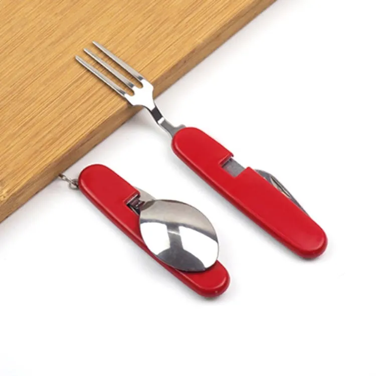 Outdoor Tableware Stainless Steel Spoon / Fork / Knife / Bottle Opener 4 in 1 Multifunctional Folding Cutlery Set