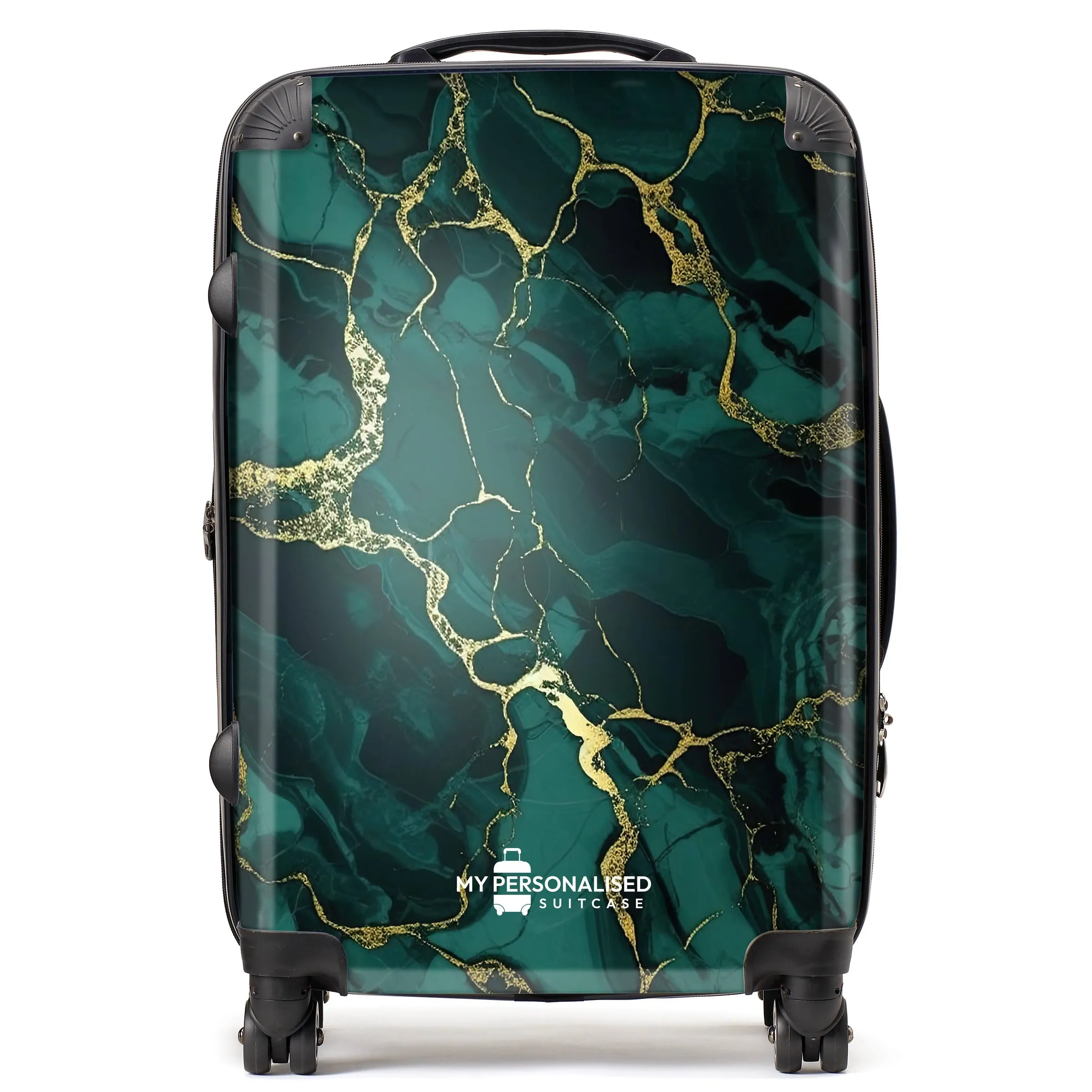 Personalised Green and Gold Cracked Marble Suitcase