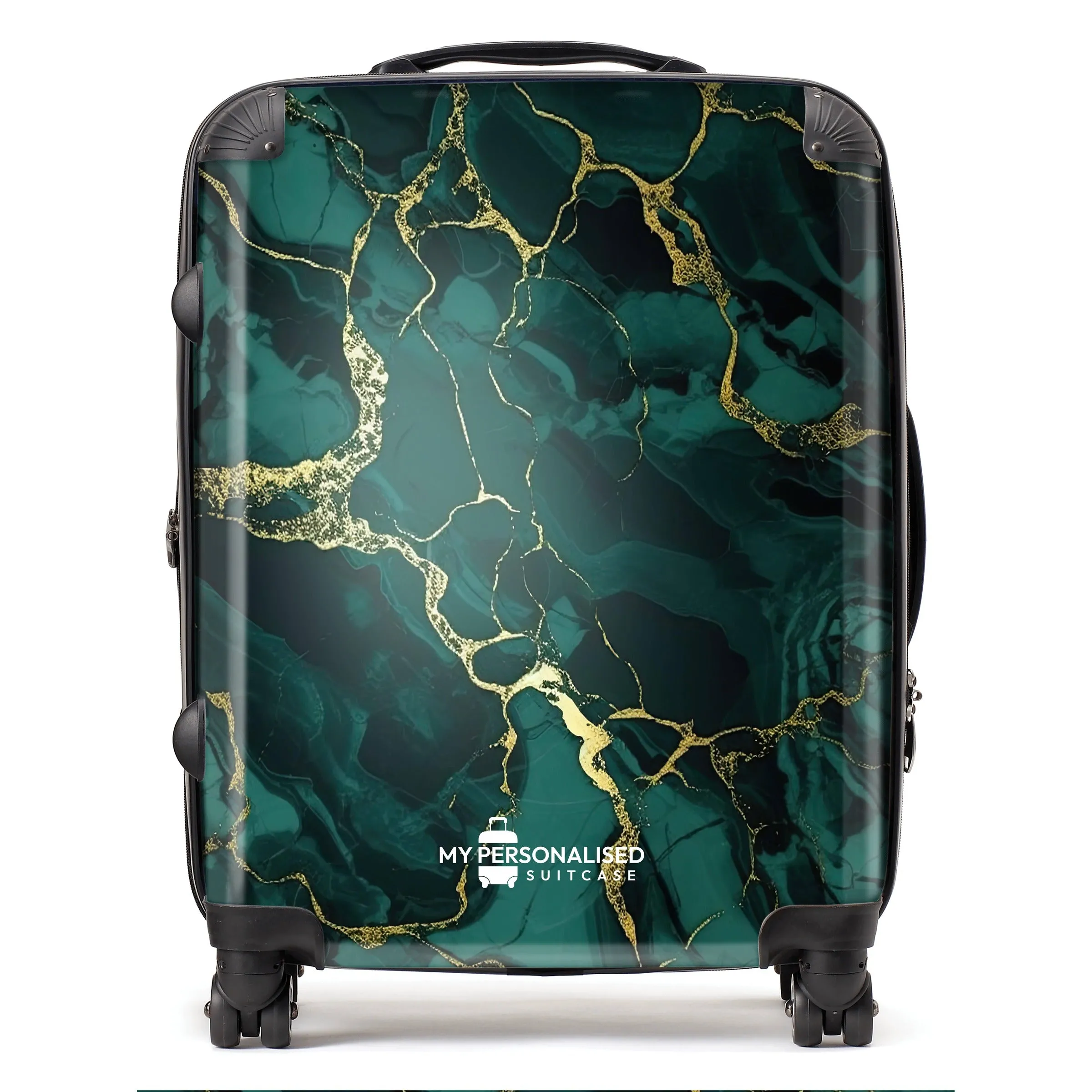 Personalised Green and Gold Cracked Marble Suitcase