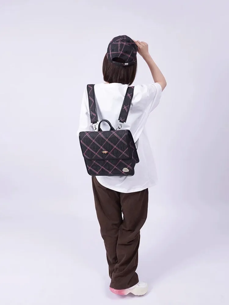 Plaid denim one-shoulder backpack【s0000007319】