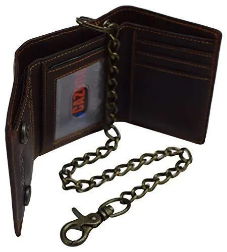 RFID Safe Vintage Brown Leather Biker Trifold Chain Wallet with Chain Trucker