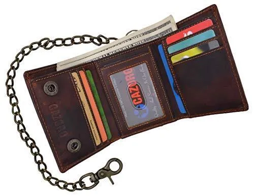 RFID Safe Vintage Brown Leather Biker Trifold Chain Wallet with Chain Trucker