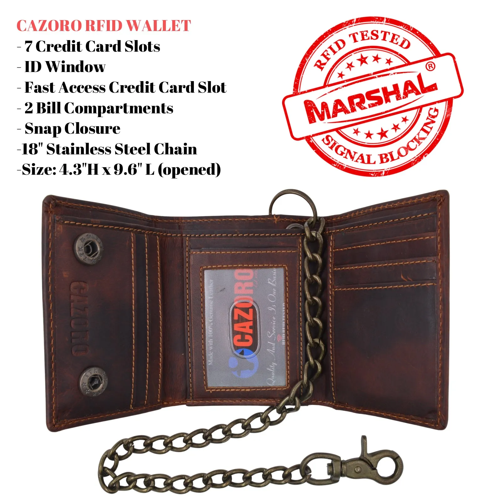 RFID Safe Vintage Brown Leather Biker Trifold Chain Wallet with Chain Trucker