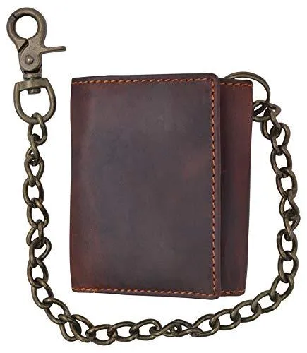 RFID Safe Vintage Brown Leather Biker Trifold Chain Wallet with Chain Trucker