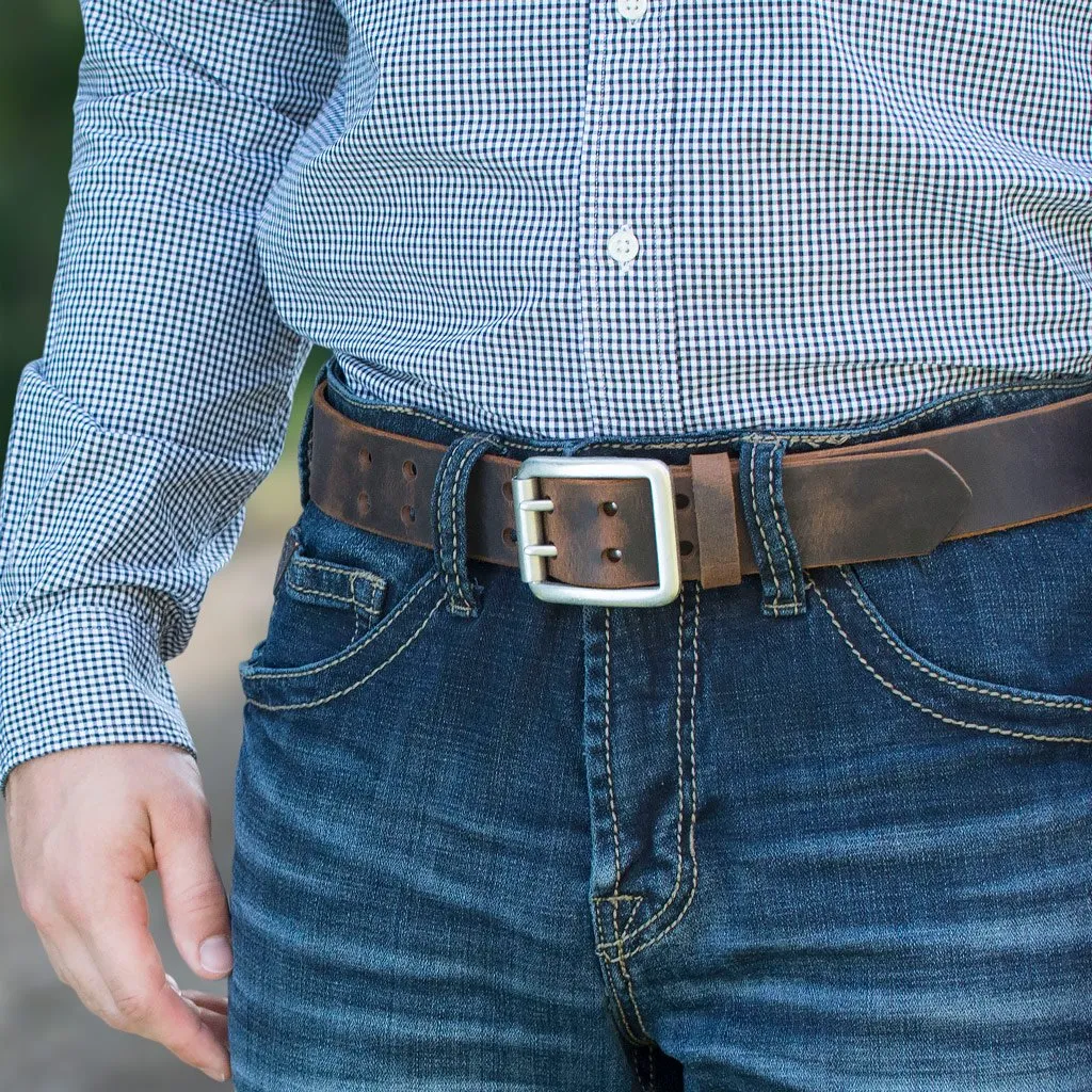 Ridgeline Trail Brown Distressed Leather Belt and Wallet Set by Nickel Smart®