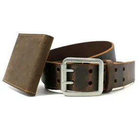 Ridgeline Trail Brown Distressed Leather Belt and Wallet Set by Nickel Smart®