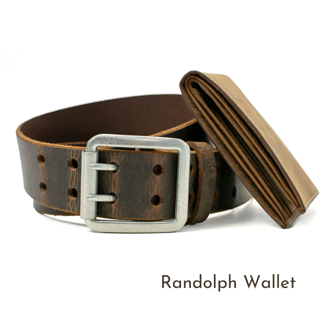 Ridgeline Trail Brown Distressed Leather Belt and Wallet Set by Nickel Smart®