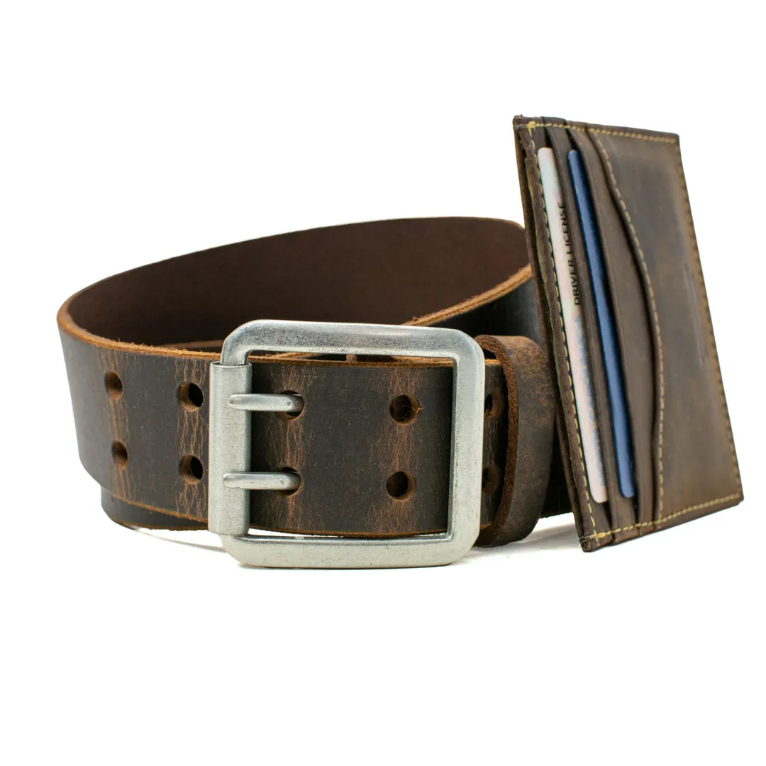 Ridgeline Trail Brown Distressed Leather Belt and Wallet Set by Nickel Smart®