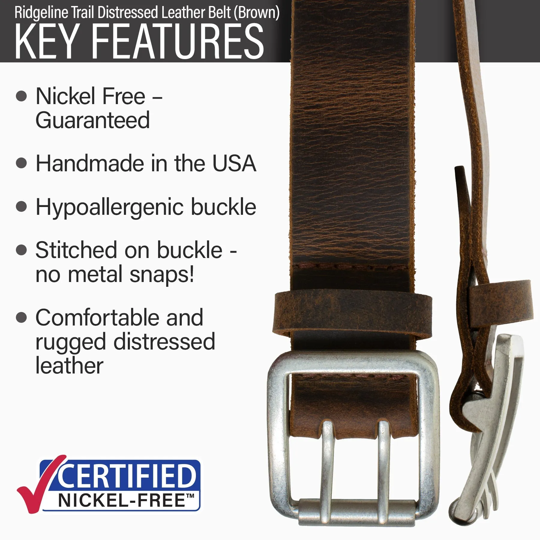 Ridgeline Trail Brown Distressed Leather Belt and Wallet Set by Nickel Smart®