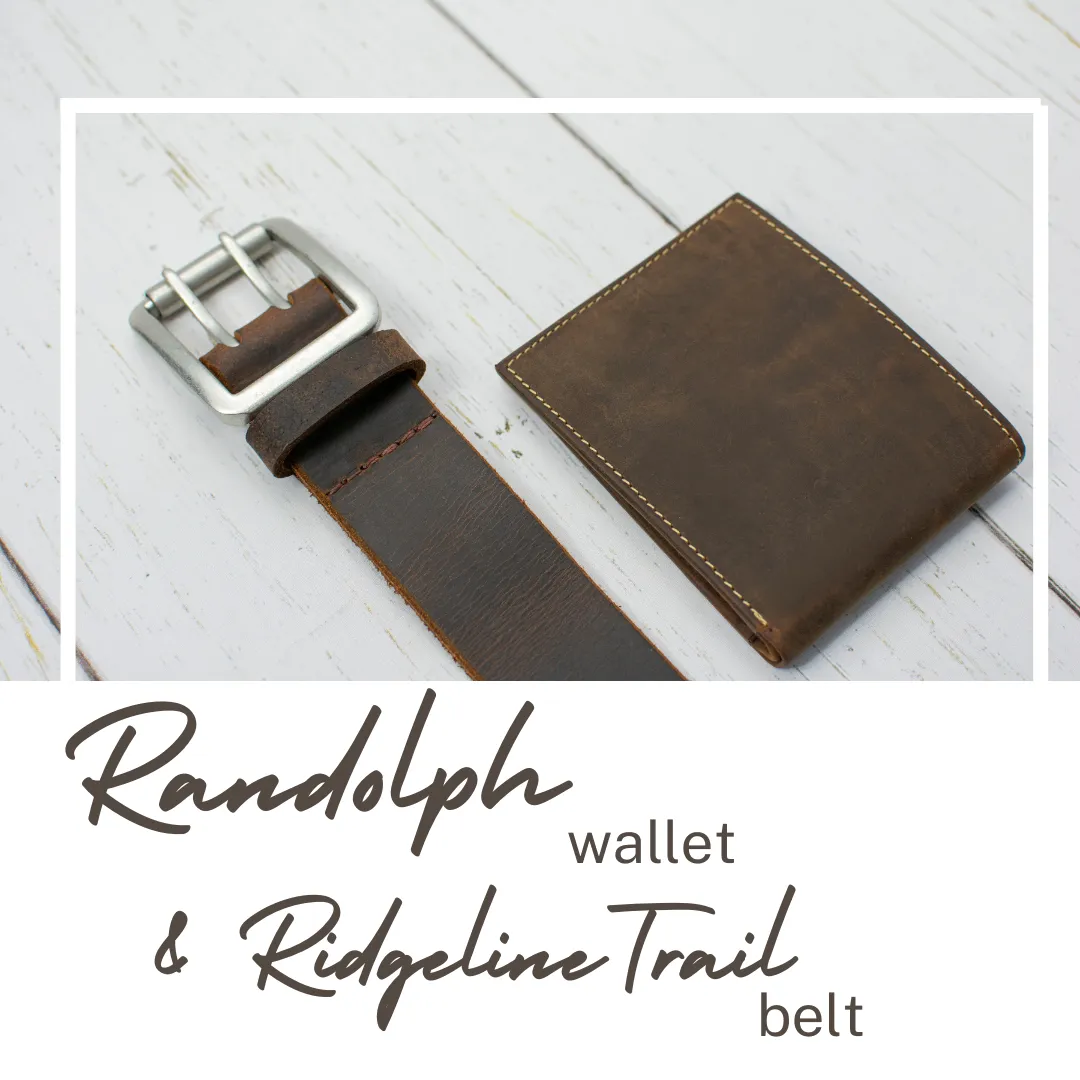 Ridgeline Trail Brown Distressed Leather Belt and Wallet Set by Nickel Smart®