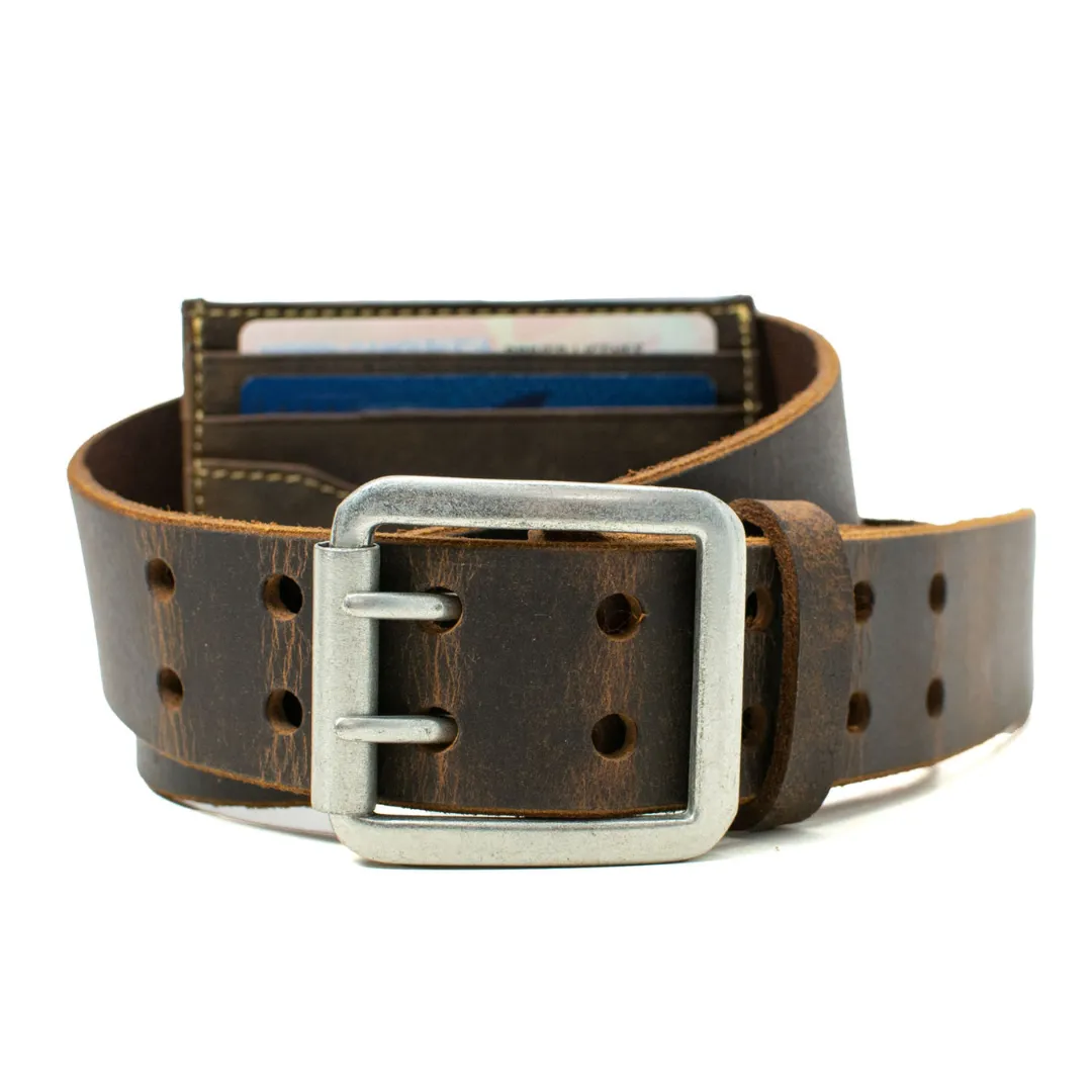 Ridgeline Trail Brown Distressed Leather Belt and Wallet Set by Nickel Smart®