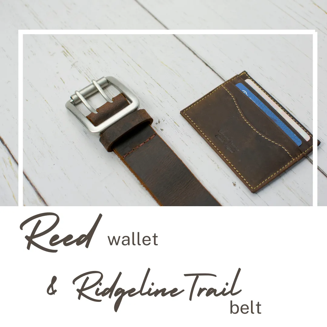 Ridgeline Trail Brown Distressed Leather Belt and Wallet Set by Nickel Smart®