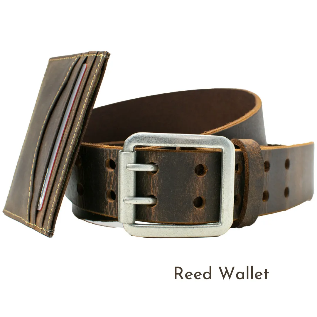 Ridgeline Trail Brown Distressed Leather Belt and Wallet Set by Nickel Smart®