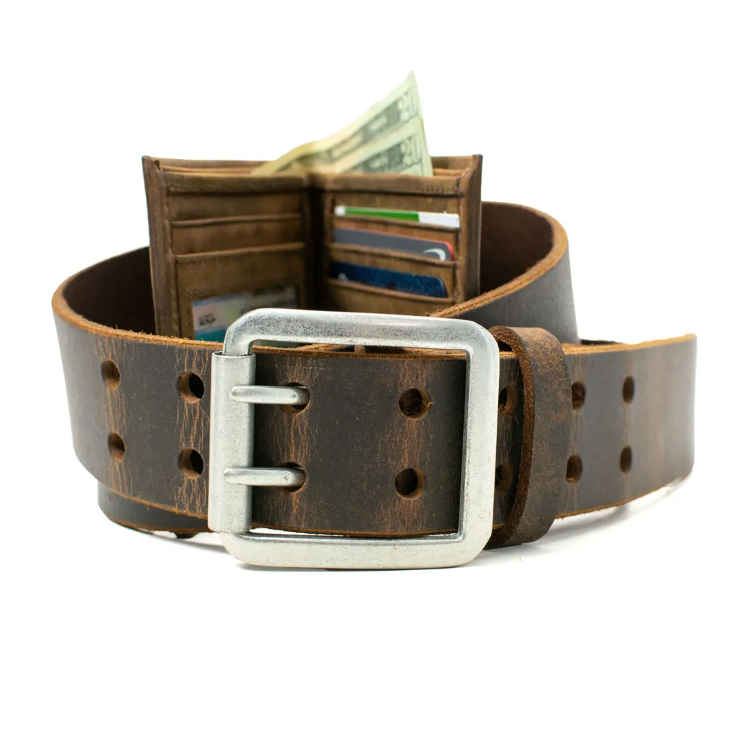 Ridgeline Trail Brown Distressed Leather Belt and Wallet Set by Nickel Smart®