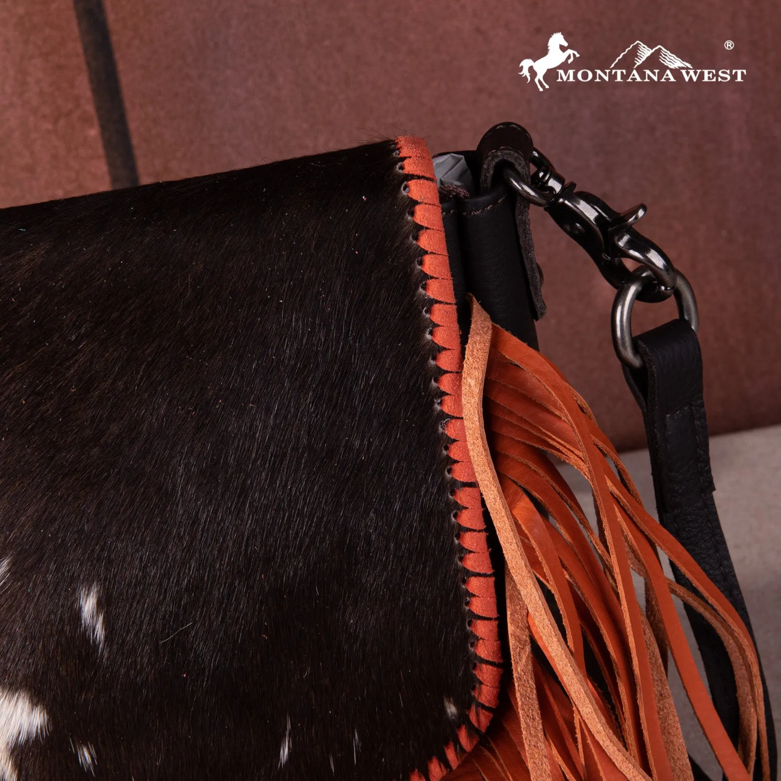 RLC-L161 Montana West Genuine Leather Hair-On Collection Fringe Crossbody -Coffee-Orange