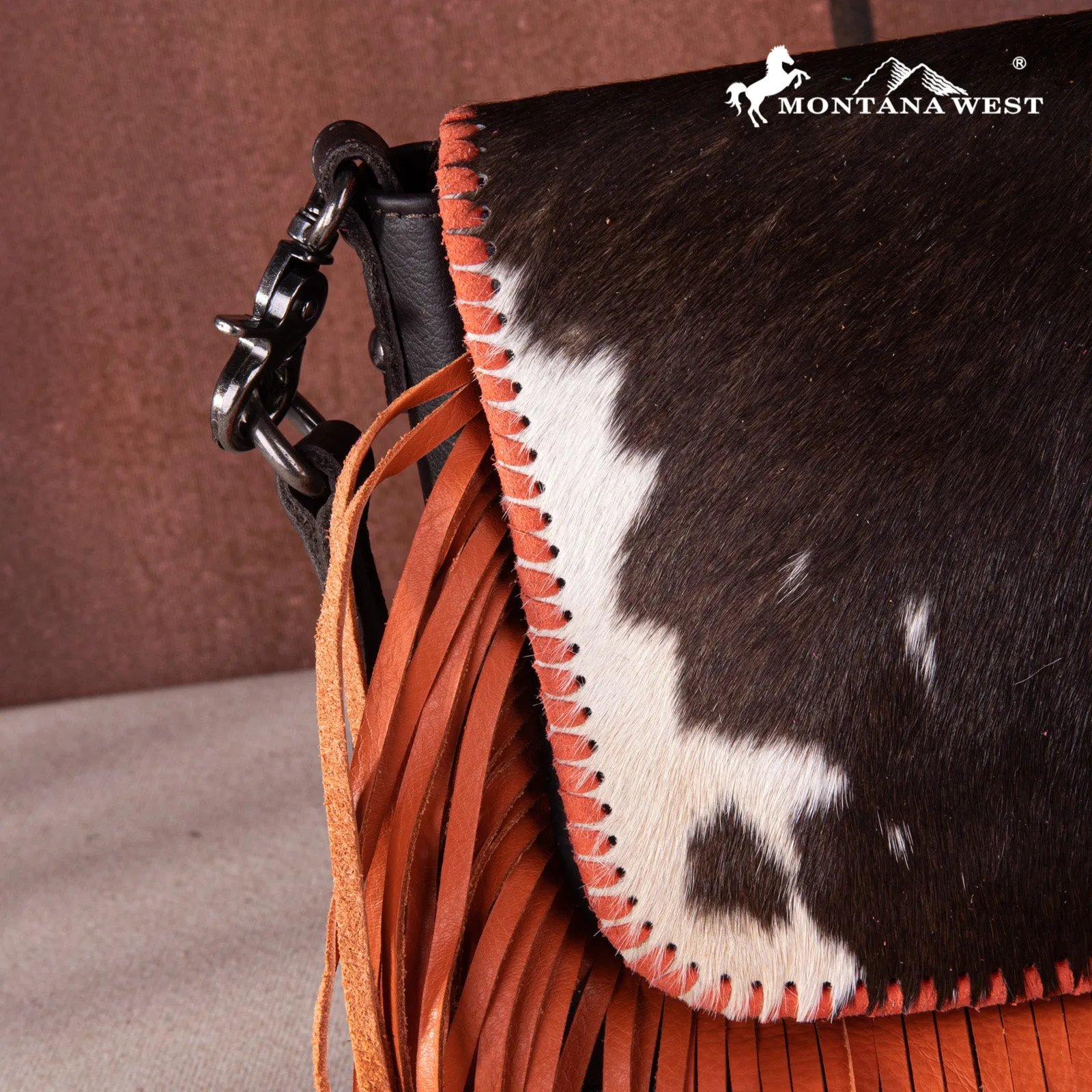 RLC-L161 Montana West Genuine Leather Hair-On Collection Fringe Crossbody -Coffee-Orange