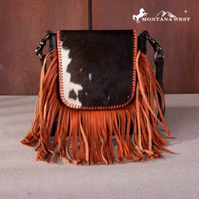 RLC-L161 Montana West Genuine Leather Hair-On Collection Fringe Crossbody -Coffee-Orange