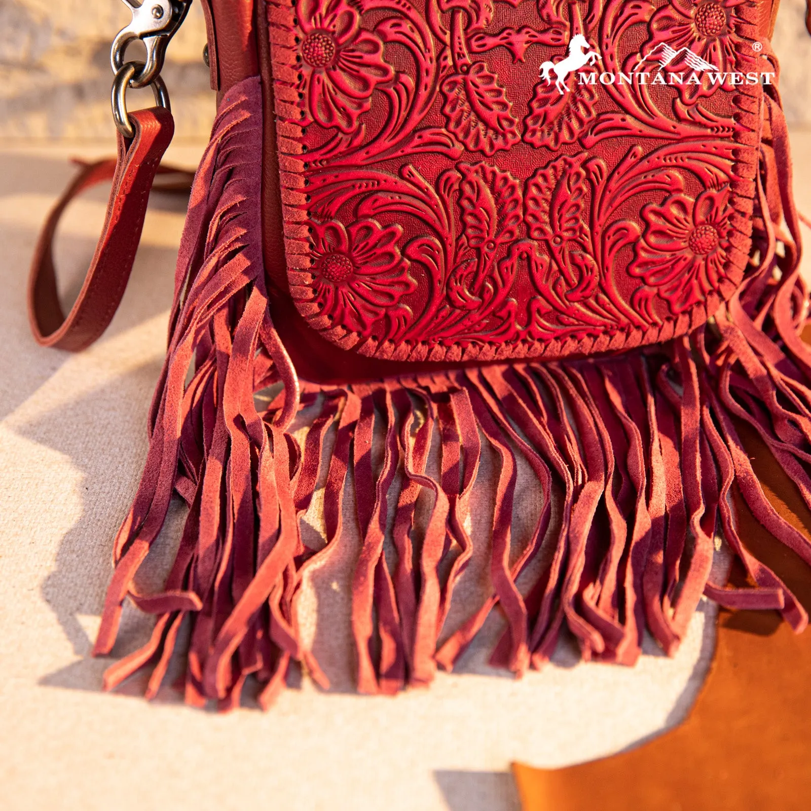 RLC-L187 Montana West Genuine Leather Tooled Fringe Crossbody - Hot Pink