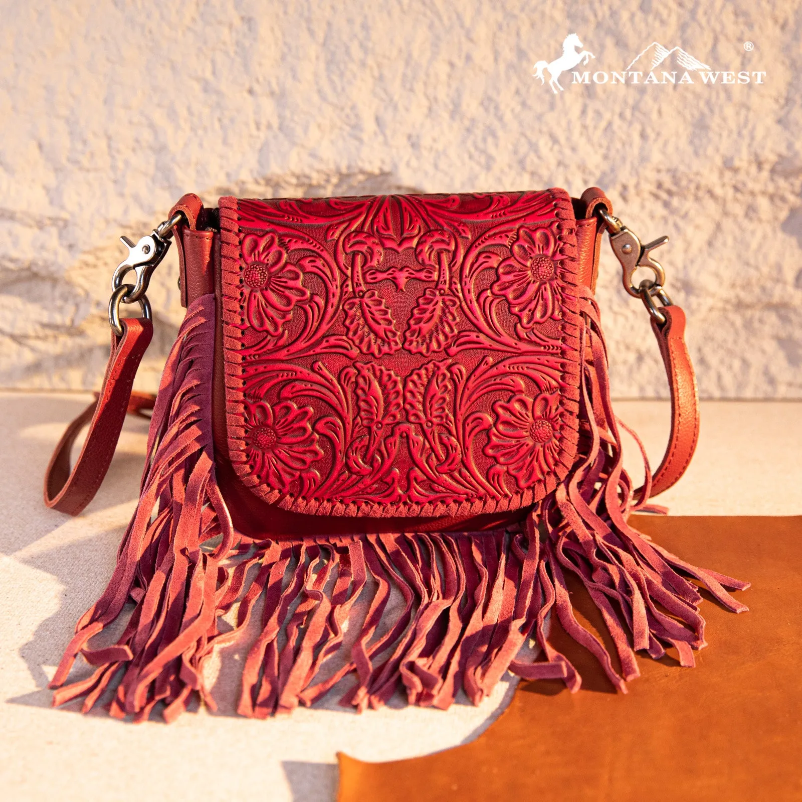 RLC-L187 Montana West Genuine Leather Tooled Fringe Crossbody - Hot Pink