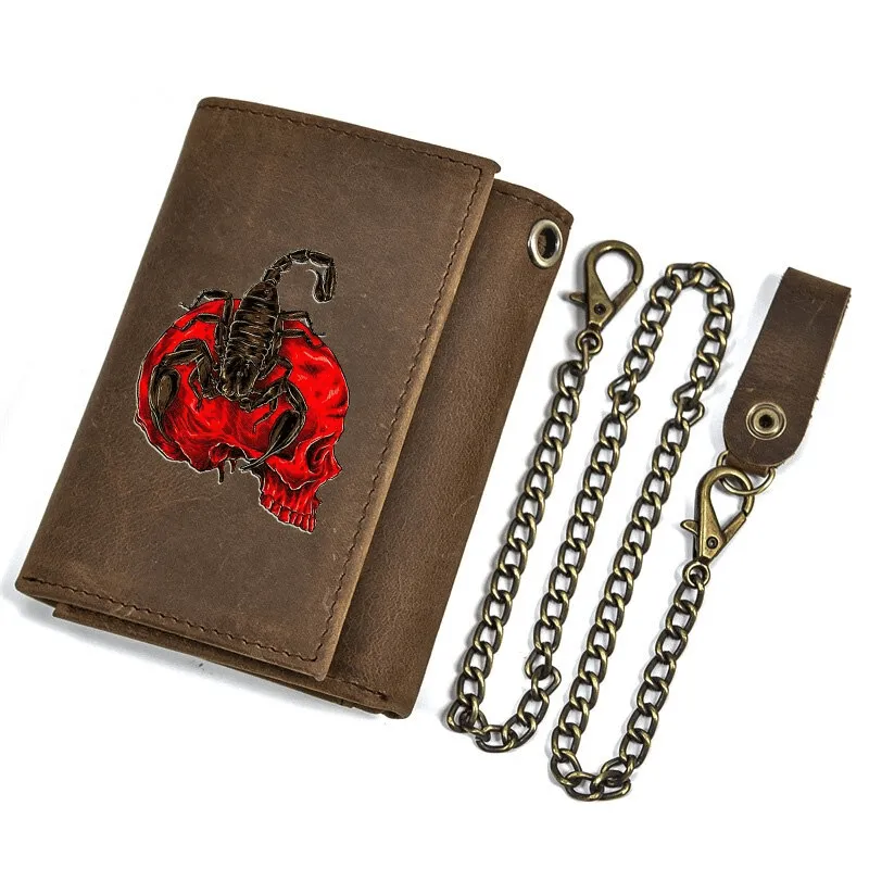 Scorpion Skull Card Holder Short Purse / Genuine Leather Wallet With Iron Chain