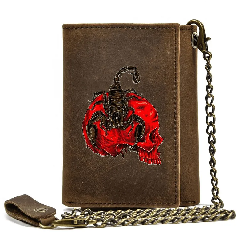 Scorpion Skull Card Holder Short Purse / Genuine Leather Wallet With Iron Chain