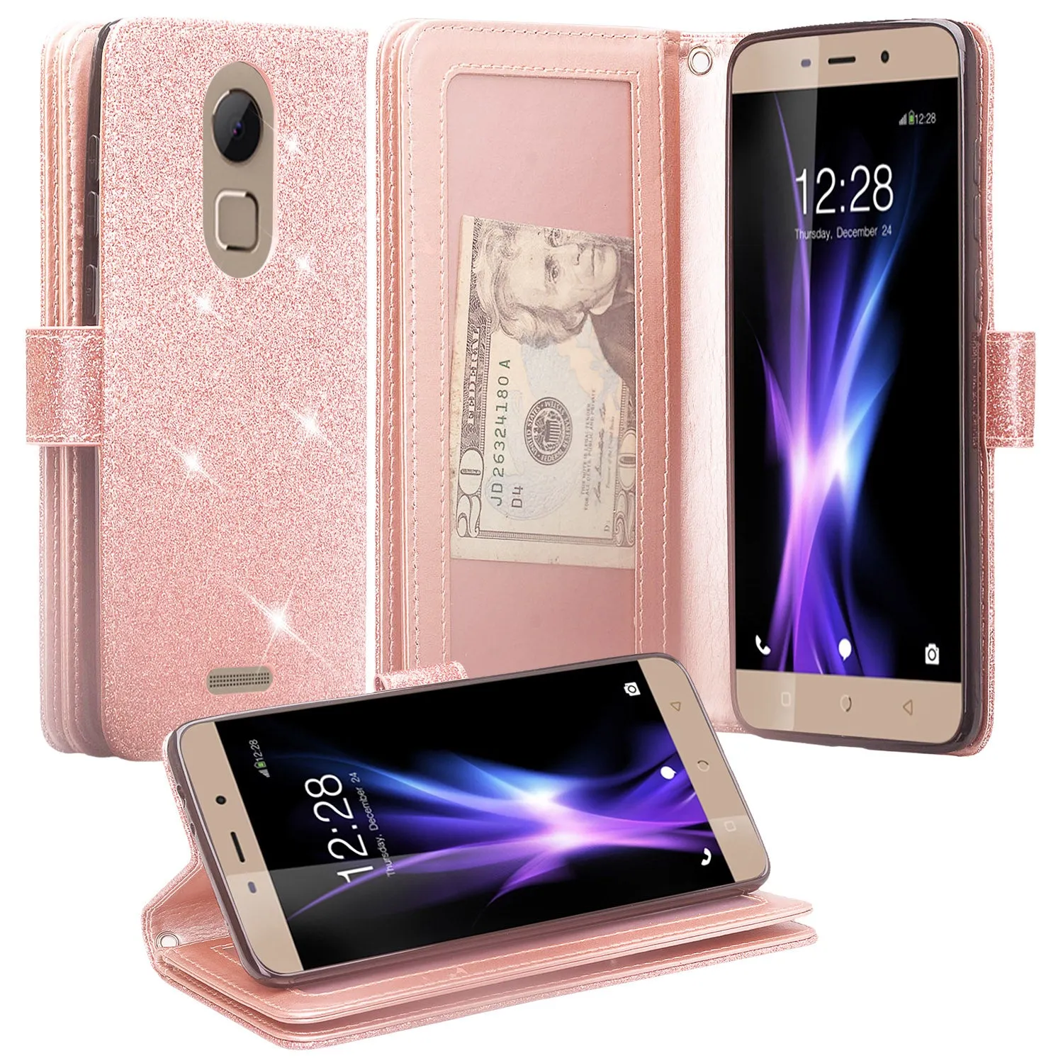 T-mobile REVVL  Plus, Coolpad REVVL Plus Case, [Wrist Strap] Glitter Faux Leather Flip [Kickstand] Wallet Cover Wristlet - Rose Gold